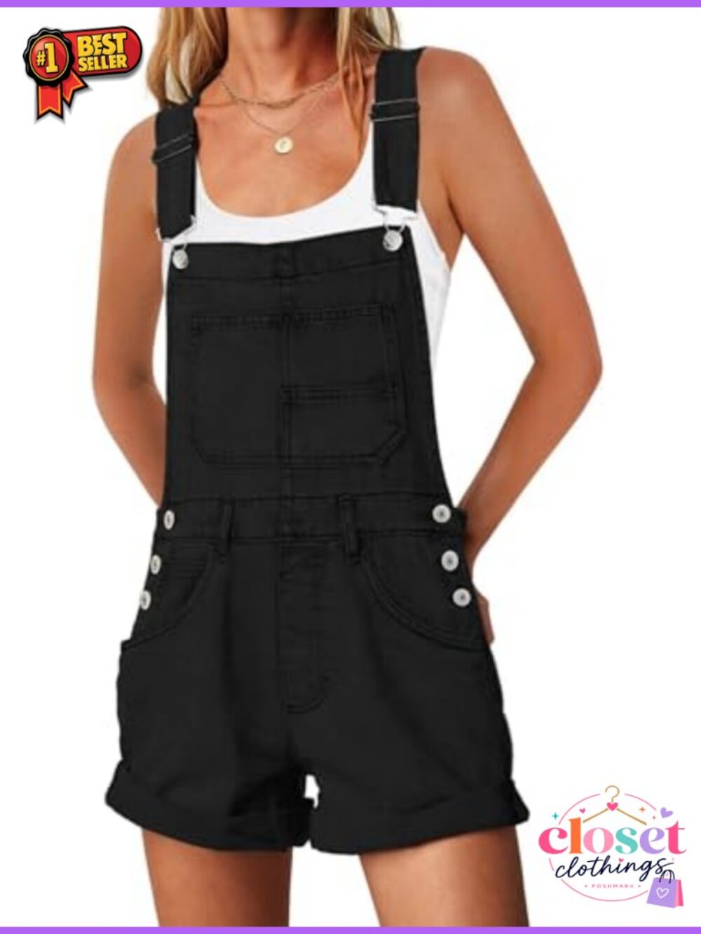 Women's Casual Adjustable Bib Overall Shorts Cuffed Hem Romper with Pockets